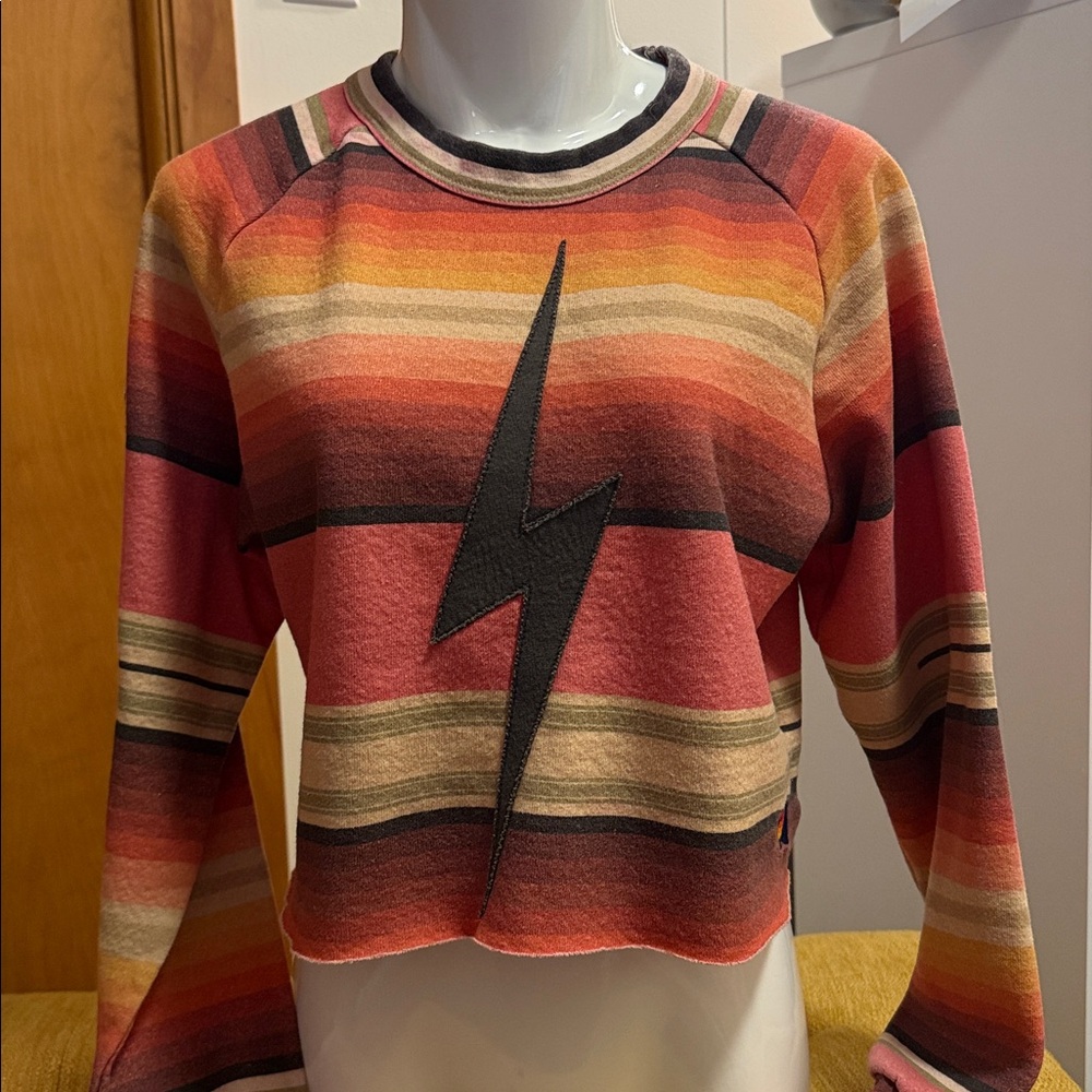 Aviator Nation Lightning Bolt 5-Stripe Cropped Sweatshirt Sunset Serape XS